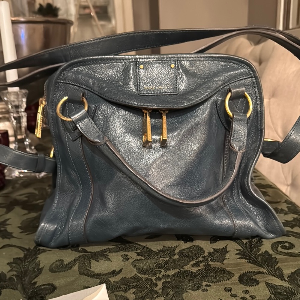 Marc Jacob’s Blue/Teal Leather Shoulder Bag with handles and brass hardware